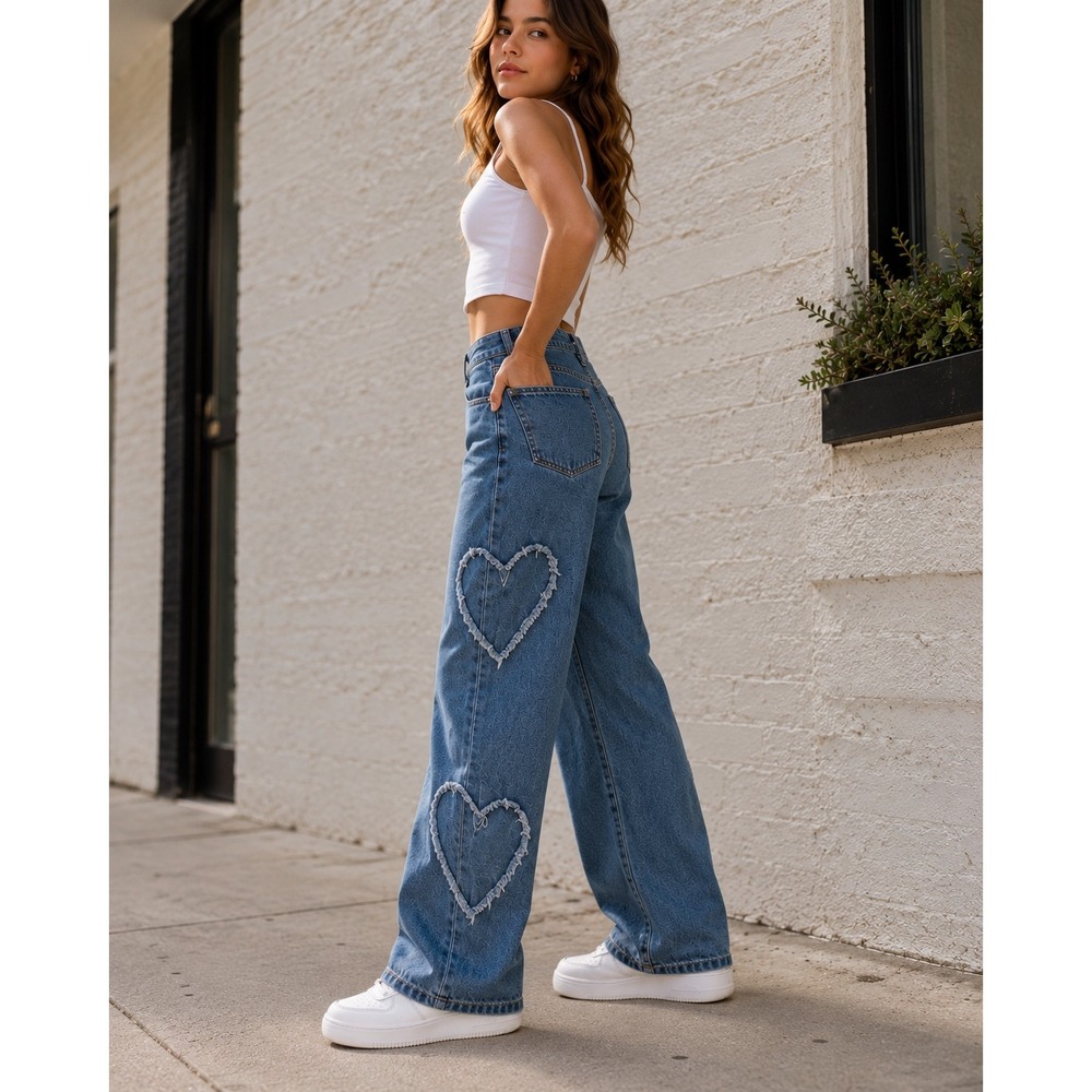 Angel Kiss Women Blue‎ Heart Patch Wide Leg Jeans Medium Wash Size 28 y2k